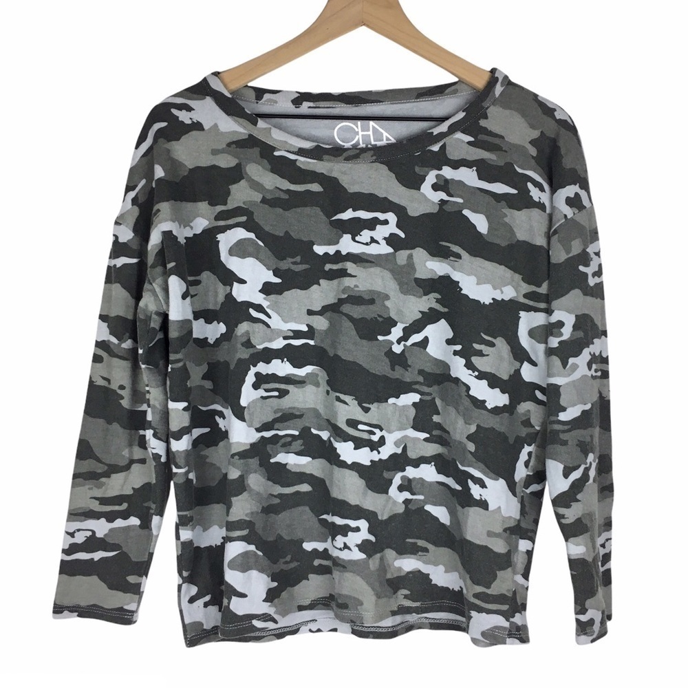 CHASER Camo Cozy Pullover Top Print Loungewear Long Sleeve Grey Size Medium